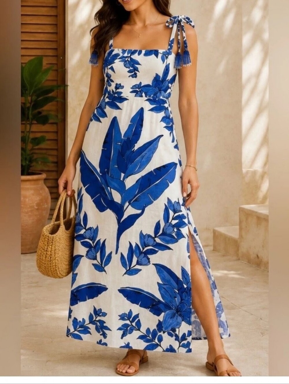 Calypso St. Barth Blue and White Tropical-Print Maxi Dress